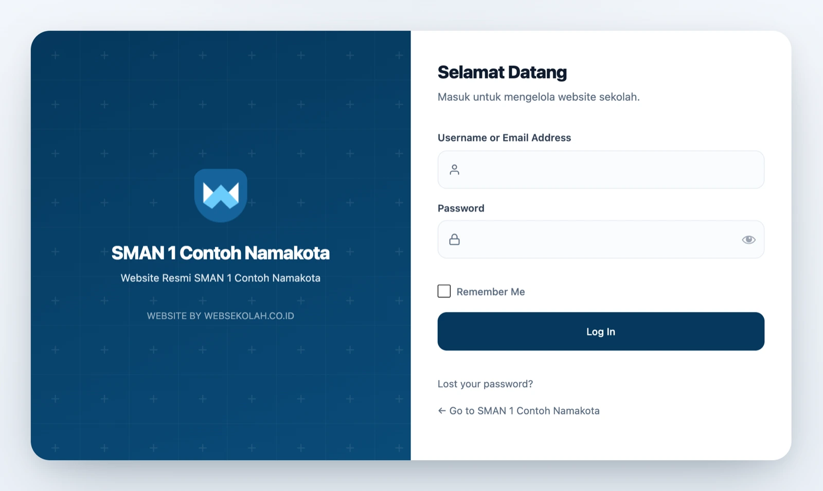 Halaman login tema Sitesch dengan logo dan nama sekolah